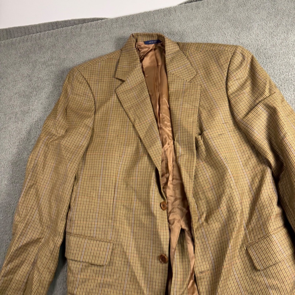 Brooks Brothers Mens 41R Glen Plaid Blazer Tan Brown Blue Made in Italy 09488026